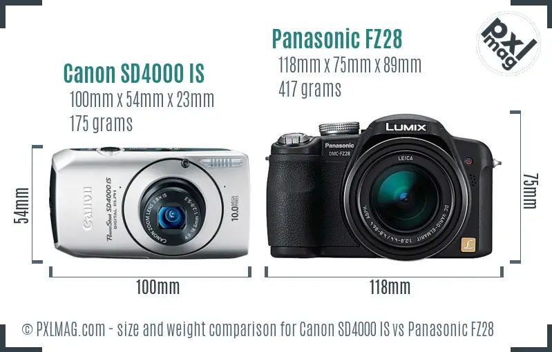 Canon SD4000 IS vs Panasonic FZ28 size comparison