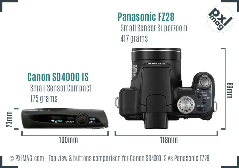 Canon SD4000 IS vs Panasonic FZ28 top view buttons comparison