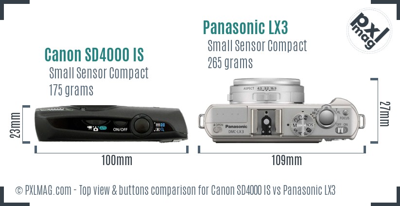 Canon SD4000 IS vs Panasonic LX3 top view buttons comparison