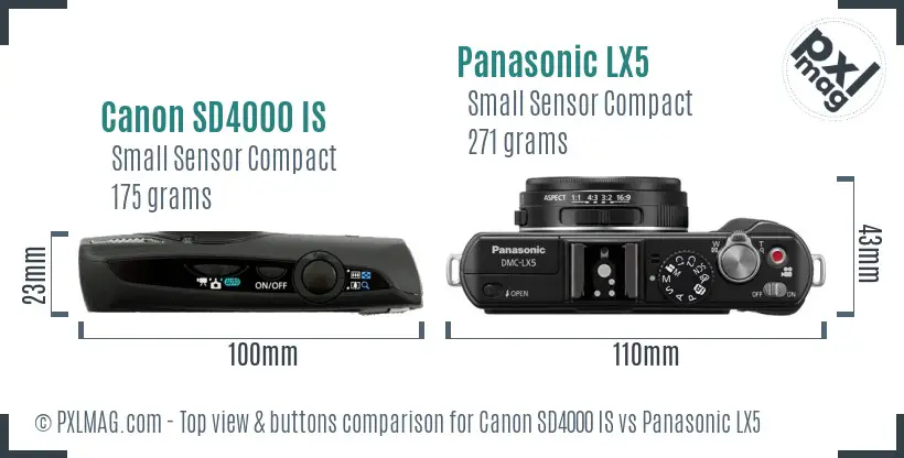 Canon SD4000 IS vs Panasonic LX5 top view buttons comparison