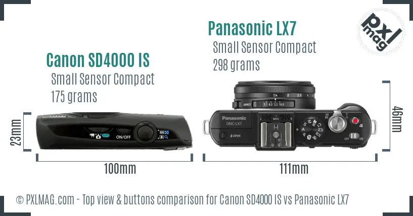 Canon SD4000 IS vs Panasonic LX7 top view buttons comparison