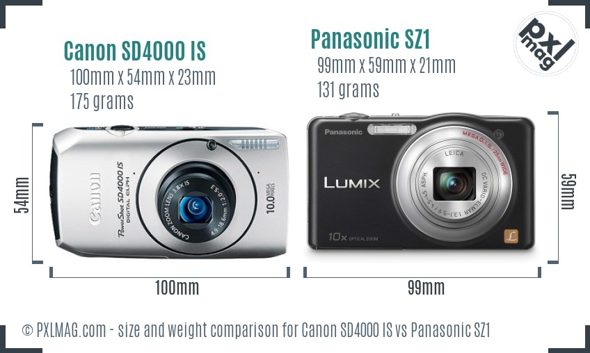 Canon SD4000 IS vs Panasonic SZ1 size comparison