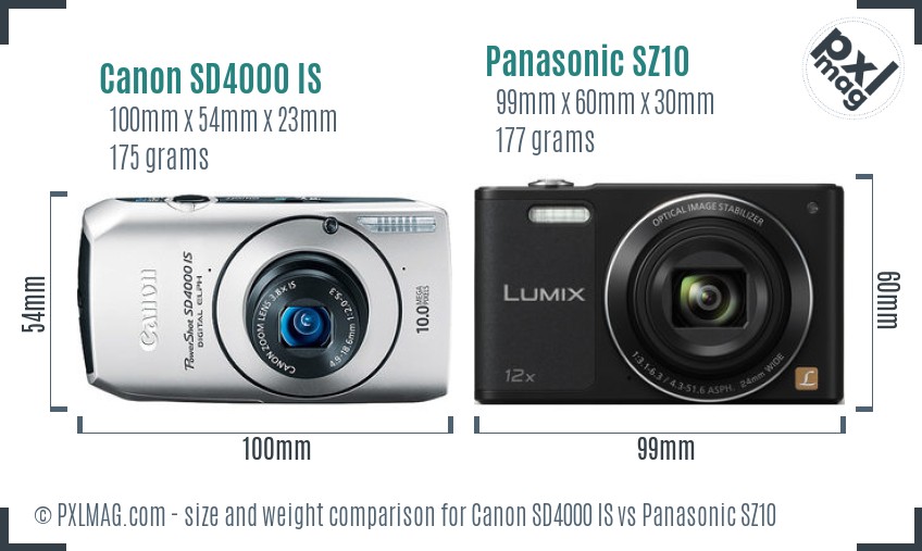 Canon SD4000 IS vs Panasonic SZ10 size comparison