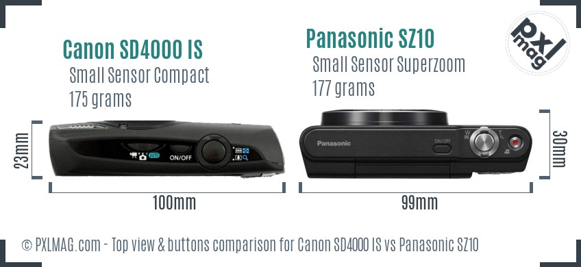 Canon SD4000 IS vs Panasonic SZ10 top view buttons comparison