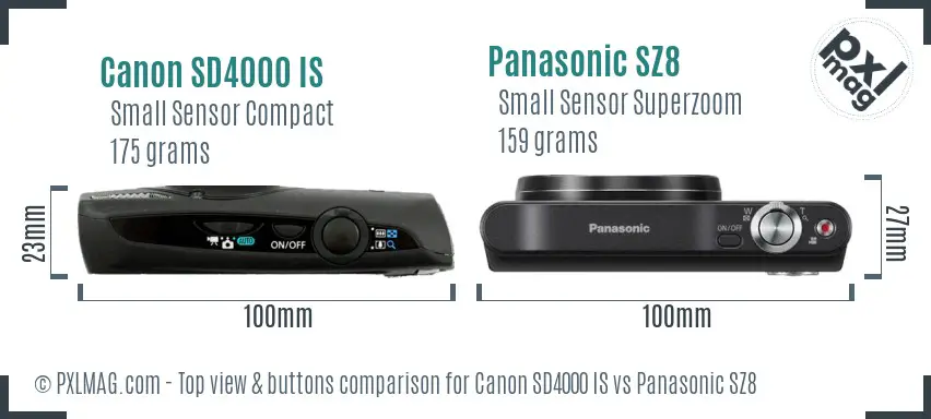 Canon SD4000 IS vs Panasonic SZ8 top view buttons comparison Canon SD4000 IS vs Panasonic SZ8 top view buttons comparison