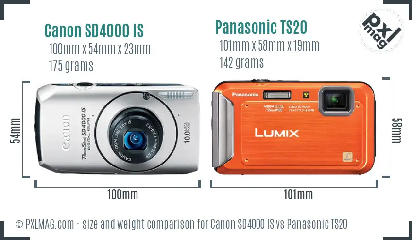 Canon SD4000 IS vs Panasonic TS20 size comparison