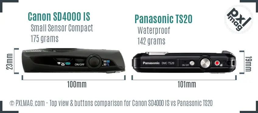 Canon SD4000 IS vs Panasonic TS20 top view buttons comparison