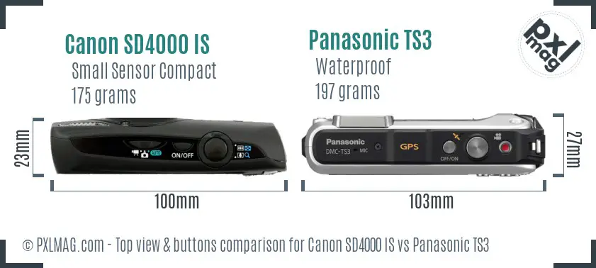 Canon SD4000 IS vs Panasonic TS3 top view buttons comparison Canon SD4000 IS vs Panasonic TS3 top view buttons comparison