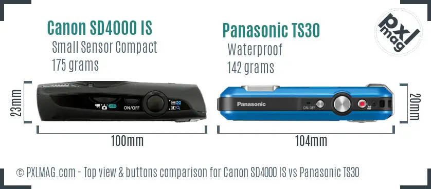 Canon SD4000 IS vs Panasonic TS30 top view buttons comparison Canon SD4000 IS vs Panasonic TS30 top view buttons comparison