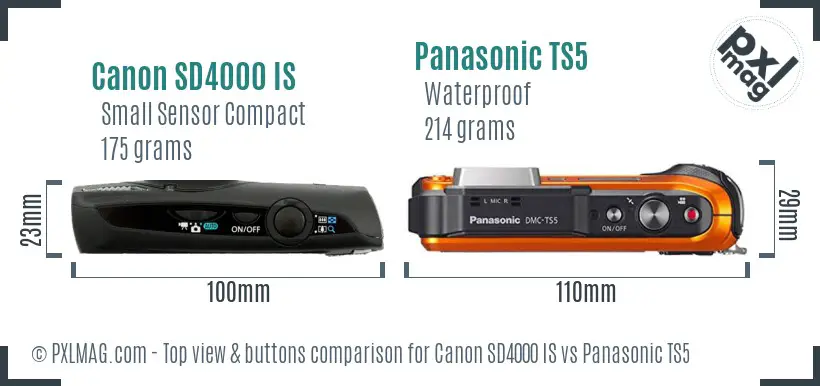 Canon SD4000 IS vs Panasonic TS5 top view buttons comparison Canon SD4000 IS vs Panasonic TS5 top view buttons comparison