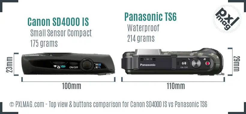 Canon SD4000 IS vs Panasonic TS6 top view buttons comparison Canon SD4000 IS vs Panasonic TS6 top view buttons comparison