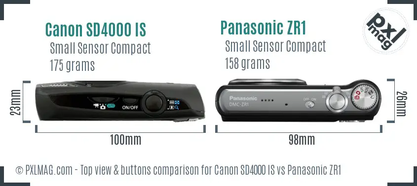 Canon SD4000 IS vs Panasonic ZR1 top view buttons comparison