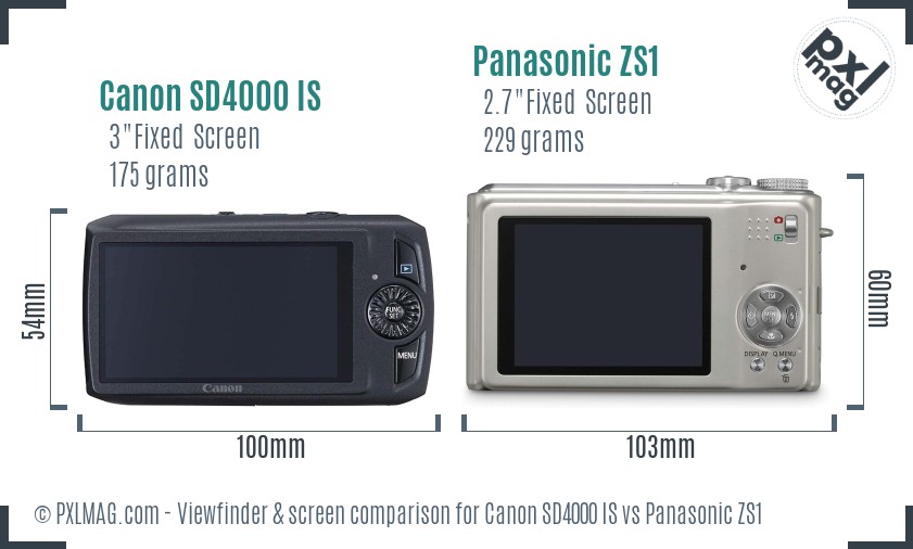Canon SD4000 IS vs Panasonic ZS1 Screen and Viewfinder comparison