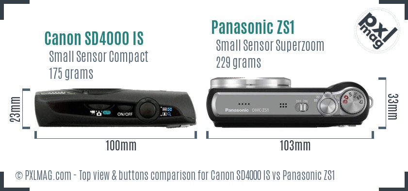 Canon SD4000 IS vs Panasonic ZS1 top view buttons comparison