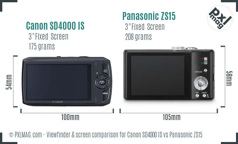 Canon SD4000 IS vs Panasonic ZS15 Screen and Viewfinder comparison