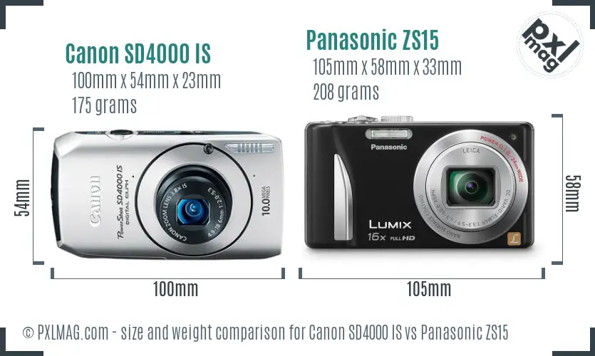 Canon SD4000 IS vs Panasonic ZS15 size comparison