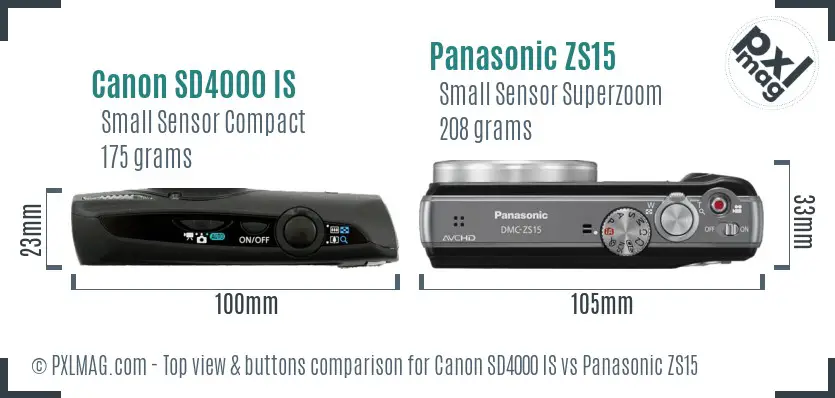 Canon SD4000 IS vs Panasonic ZS15 top view buttons comparison