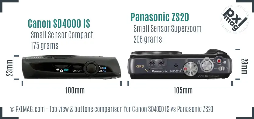 Canon SD4000 IS vs Panasonic ZS20 top view buttons comparison