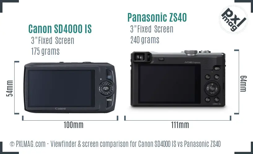 Canon SD4000 IS vs Panasonic ZS40 Screen and Viewfinder comparison