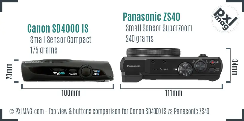 Canon SD4000 IS vs Panasonic ZS40 top view buttons comparison