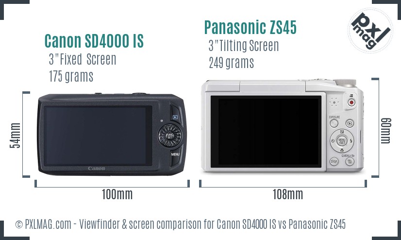 Canon SD4000 IS vs Panasonic ZS45 Screen and Viewfinder comparison