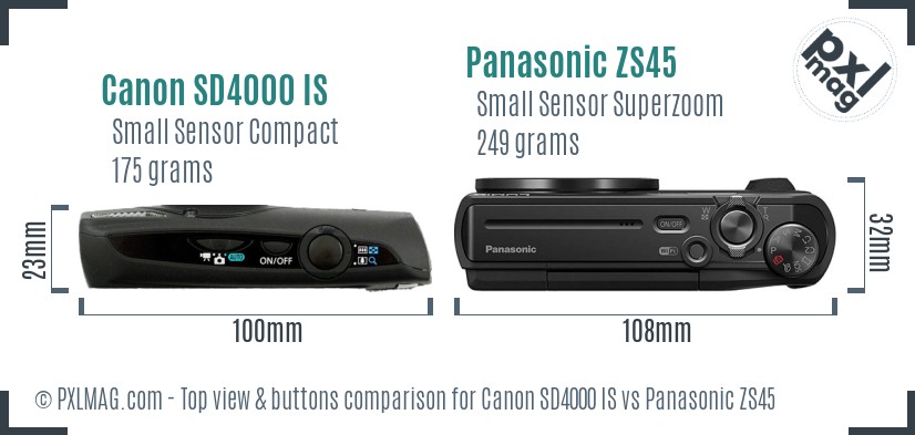 Canon SD4000 IS vs Panasonic ZS45 top view buttons comparison