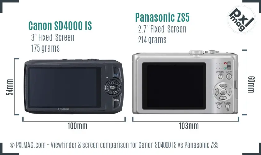 Canon SD4000 IS vs Panasonic ZS5 Screen and Viewfinder comparison