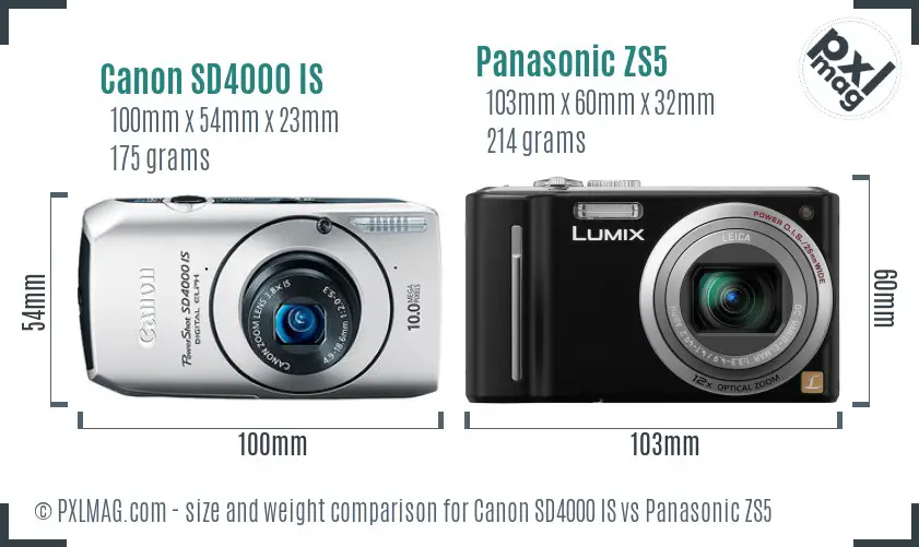 Canon SD4000 IS vs Panasonic ZS5 size comparison