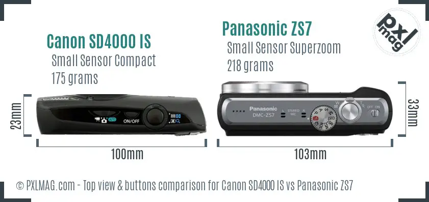 Canon SD4000 IS vs Panasonic ZS7 top view buttons comparison