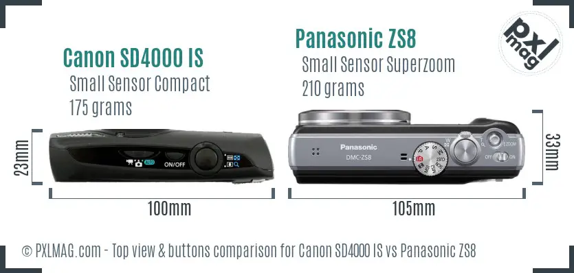 Canon SD4000 IS vs Panasonic ZS8 top view buttons comparison