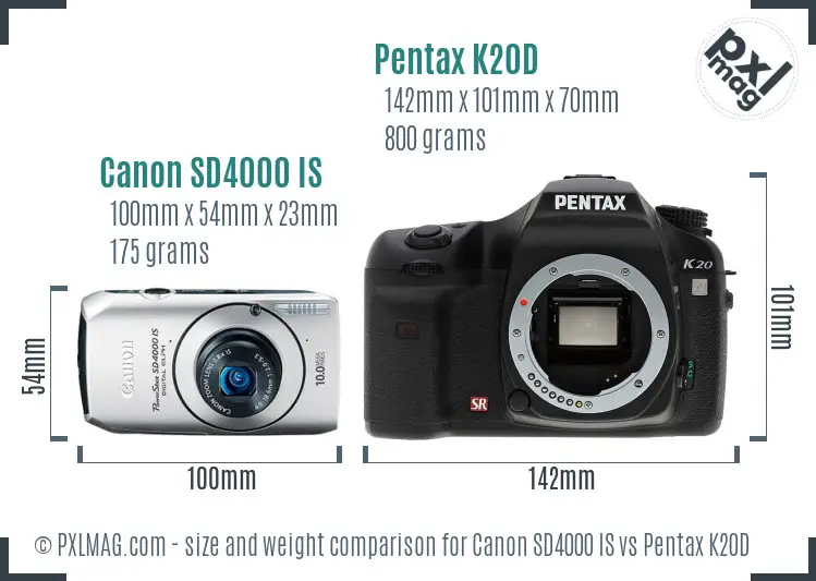 Canon SD4000 IS vs Pentax K20D size comparison