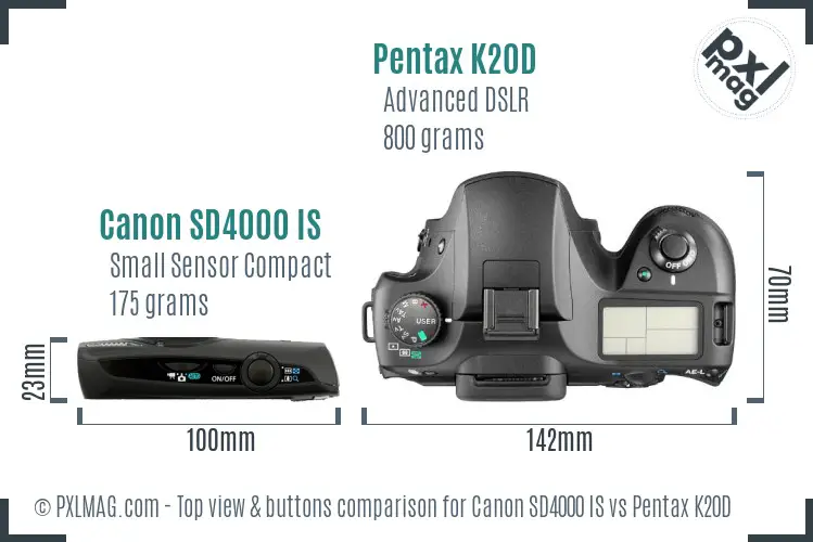 Canon SD4000 IS vs Pentax K20D top view buttons comparison