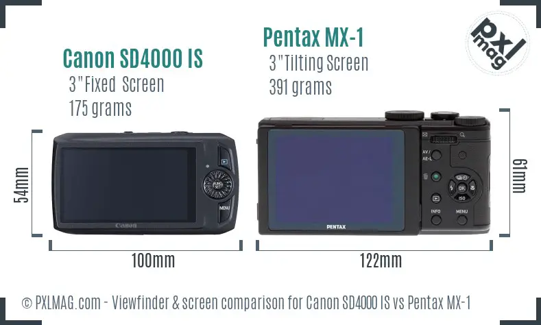 Canon SD4000 IS vs Pentax MX-1 Screen and Viewfinder comparison