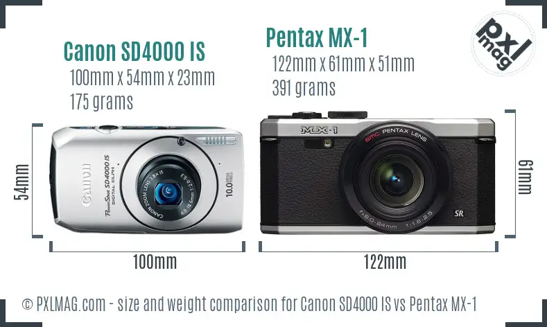 Canon SD4000 IS vs Pentax MX-1 size comparison