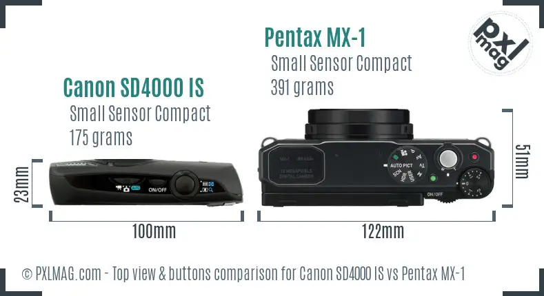 Canon SD4000 IS vs Pentax MX-1 top view buttons comparison