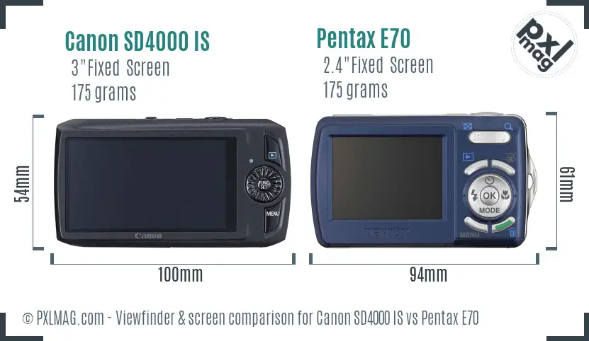 Canon SD4000 IS vs Pentax E70 Screen and Viewfinder comparison