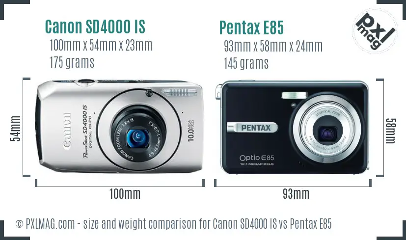 Canon SD4000 IS vs Pentax E85 size comparison