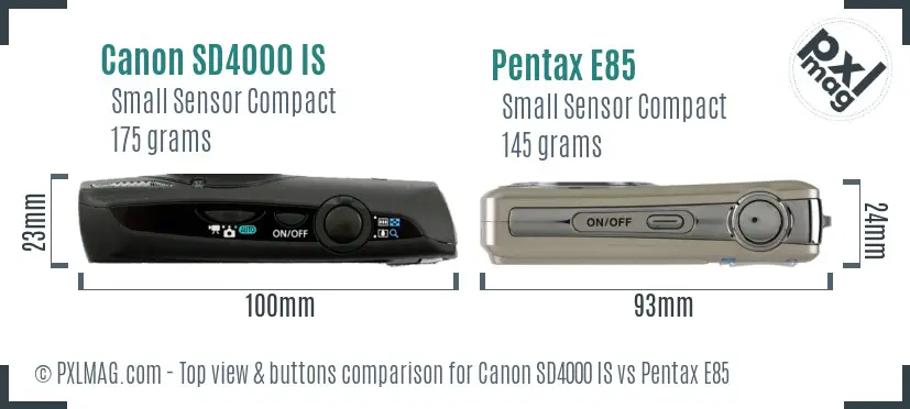 Canon SD4000 IS vs Pentax E85 top view buttons comparison