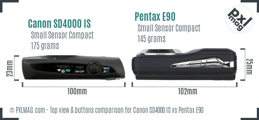 Canon SD4000 IS vs Pentax E90 top view buttons comparison