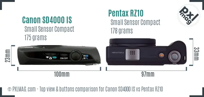 Canon SD4000 IS vs Pentax RZ10 top view buttons comparison