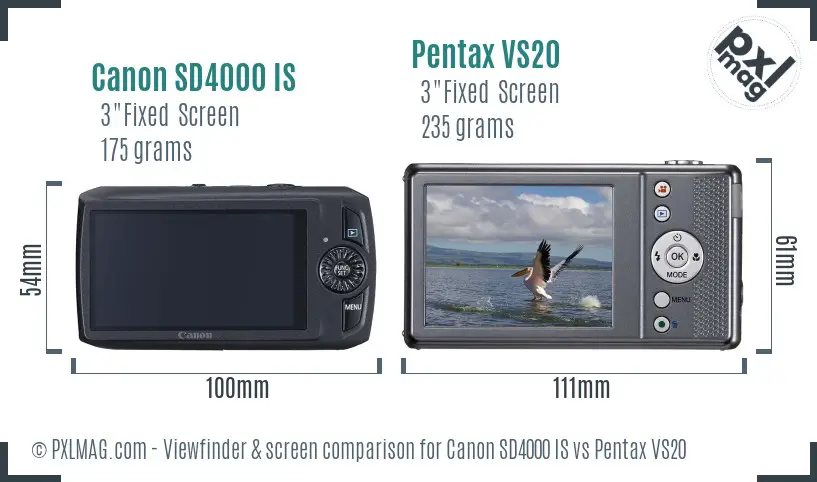 Canon SD4000 IS vs Pentax VS20 Screen and Viewfinder comparison