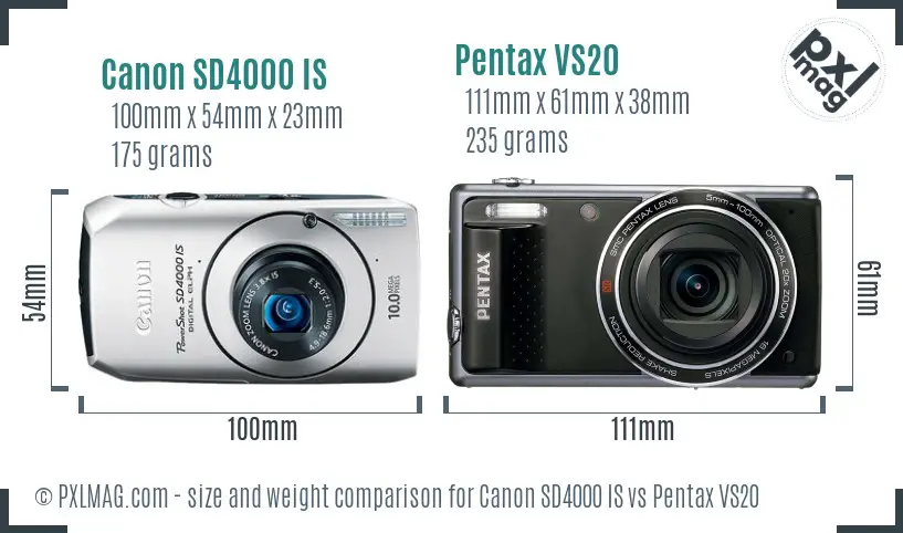 Canon SD4000 IS vs Pentax VS20 size comparison