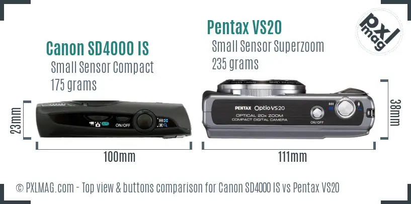 Canon SD4000 IS vs Pentax VS20 top view buttons comparison
