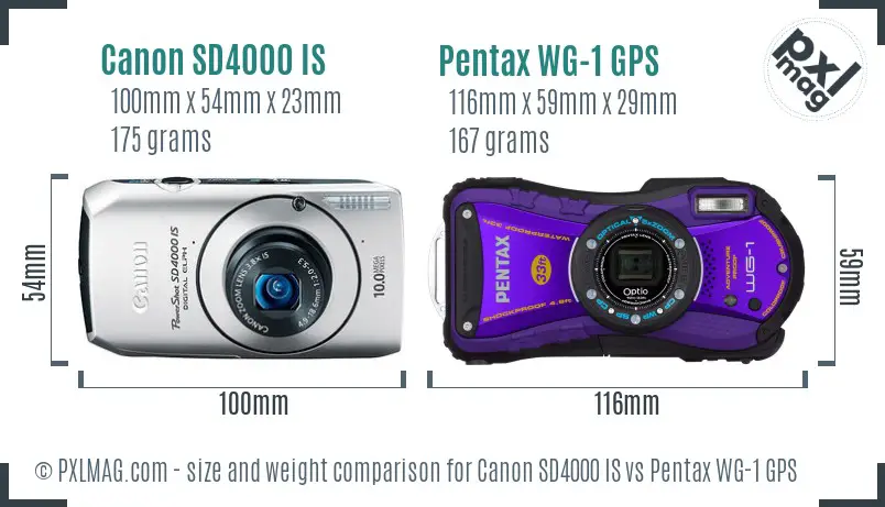 Canon SD4000 IS vs Pentax WG-1 GPS size comparison