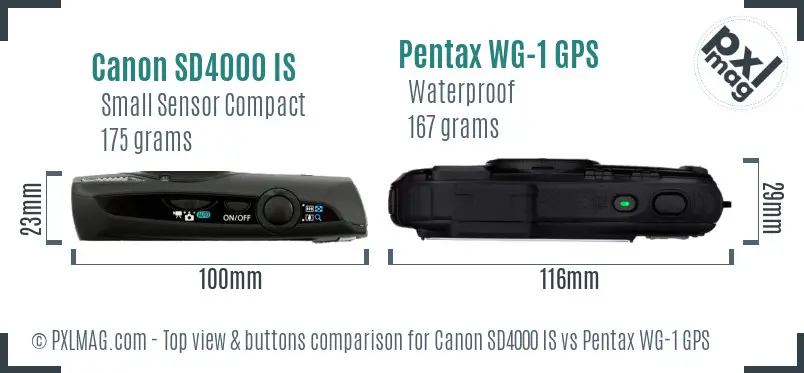 Canon SD4000 IS vs Pentax WG-1 GPS top view buttons comparison