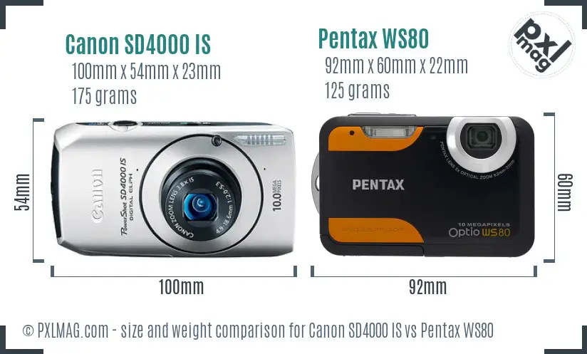 Canon SD4000 IS vs Pentax WS80 size comparison