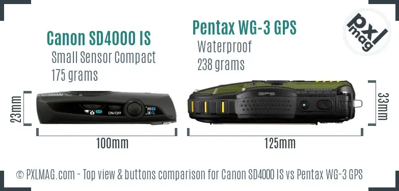 Canon SD4000 IS vs Pentax WG-3 GPS top view buttons comparison Canon SD4000 IS vs Pentax WG-3 GPS top view buttons comparison