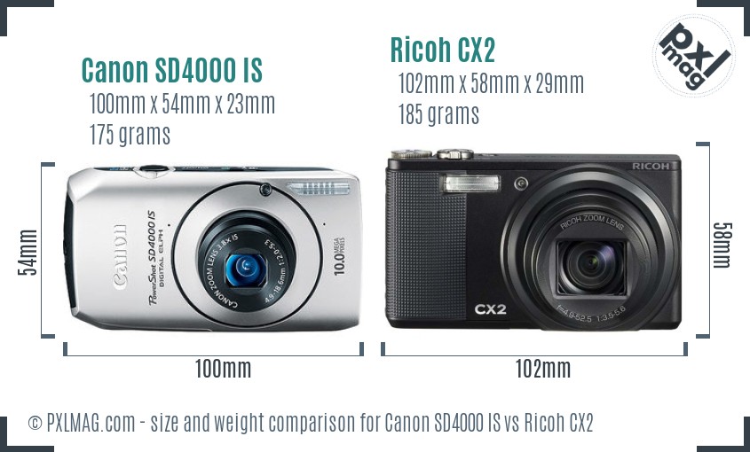 Canon SD4000 IS vs Ricoh CX2 size comparison