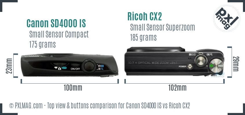 Canon SD4000 IS vs Ricoh CX2 top view buttons comparison