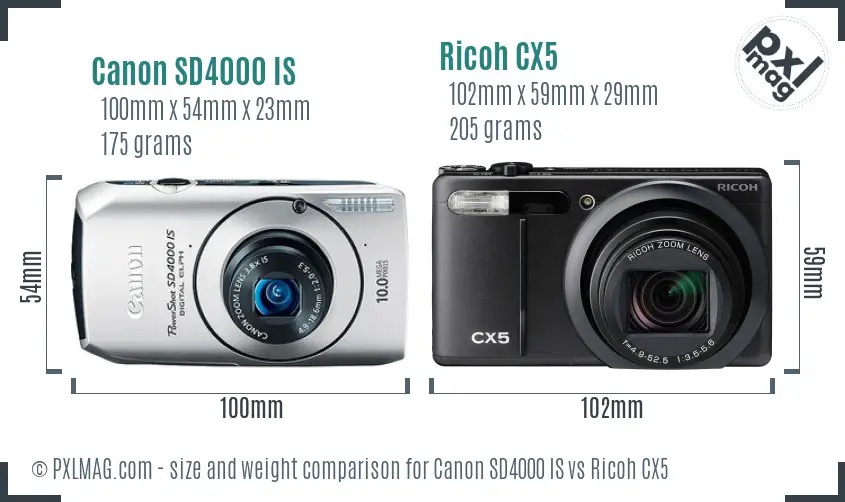 Canon SD4000 IS vs Ricoh CX5 size comparison
